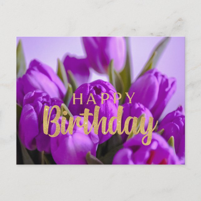 Carte Postale Joyeux Anniversaire Fleurs de Tulipes Violettes Vi (Devant)