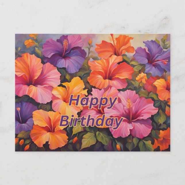 Carte Postale Joyeux Anniversaire Fleurs d'Hibiscus colorées (Devant)