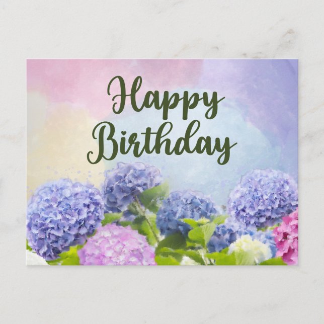 Carte Postale Joyeux Anniversaire Fleurs D'Hortensia Aquarelle  (Devant)