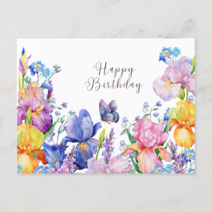 Carte Postale Joyeux Anniversaire Fleurs d'Iris Aquarelle et Jar