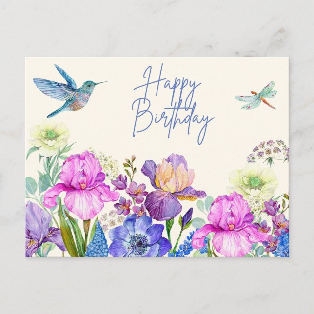 Carte Postale Joyeux Anniversaire Fleurs d'Iris Aquarelle Nature (Devant)