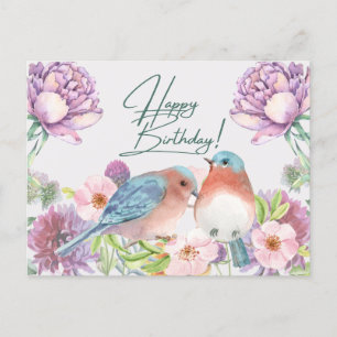 Carte Postale Joyeux Anniversaire Fleurs, Oiseaux