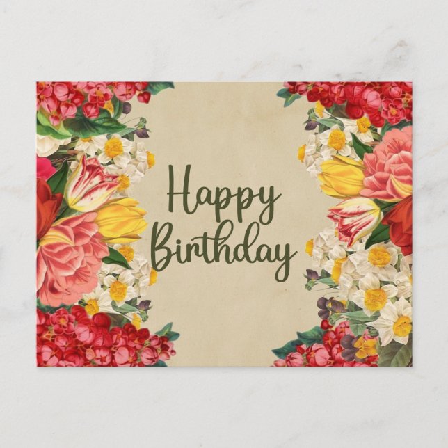 Carte Postale Joyeux Anniversaire Fleurs Printanières Vintage  (Devant)