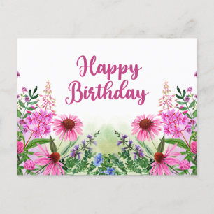 Carte Postale Joyeux Anniversaire Fleurs Sauvages Aquarelle Rose