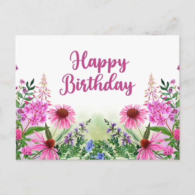 Carte Postale Joyeux Anniversaire Fleurs Sauvages Aquarelle Rose (Devant)