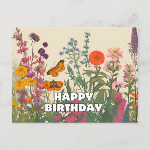 Carte Postale Joyeux Anniversaire Fleurs Sauvages, Papillons 