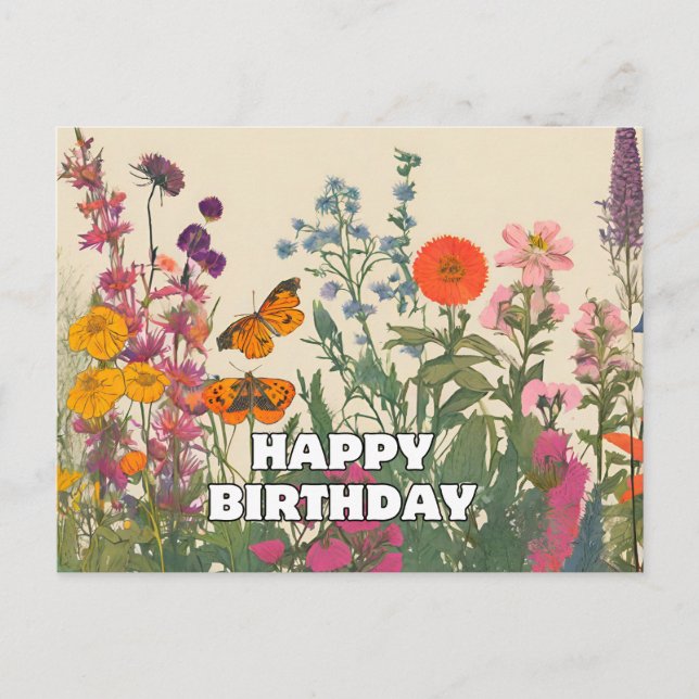 Carte Postale Joyeux Anniversaire Fleurs Sauvages, Papillons  (Devant)