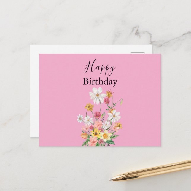 Carte Postale Joyeux Anniversaire Fleurs sauvages roses (Devant/Arrière en situation)