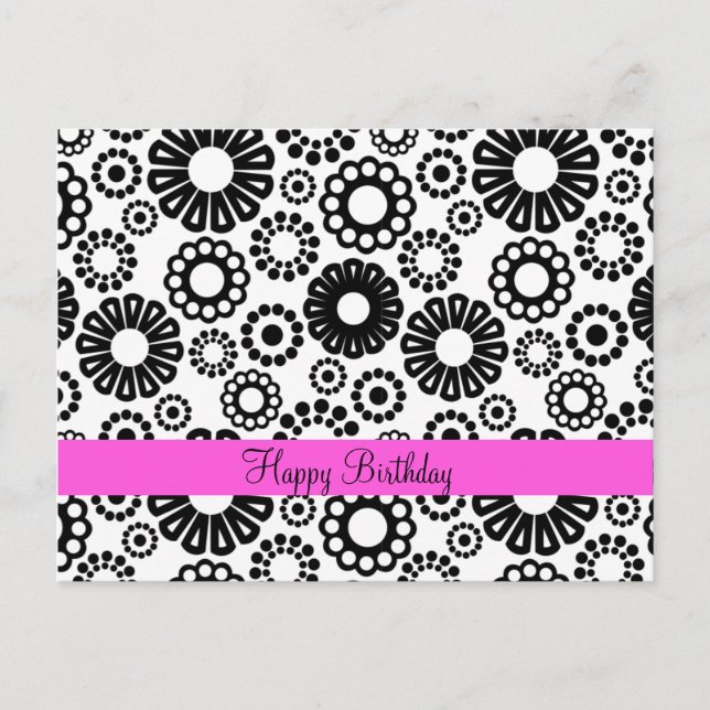 Carte Postale Joyeux Anniversaire Fleurs Simples Rétro Noir Blan (Devant)