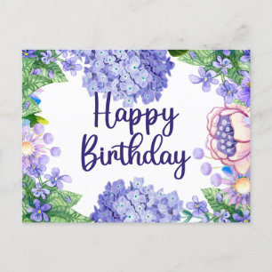 Carte Postale Joyeux Anniversaire Fleurs Violettes Aquarelle 