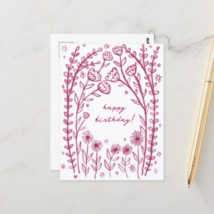 Carte Postale Joyeux Anniversaire Floral Fantaisiste Croquis Doo