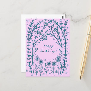 Carte Postale Joyeux Anniversaire Floral Whimsical Sketch Doodle