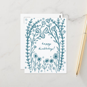Carte Postale Joyeux Anniversaire Floral Whimsical Sketch Doodle
