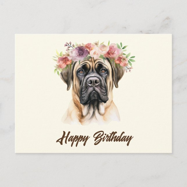 Carte Postale Joyeux Anniversaire Français Mastiff Chien avec Fl (Devant)