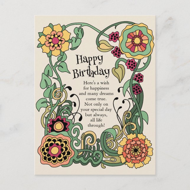 Carte Postale Joyeux anniversaire Fun whimsical flower power CC0 (Devant)
