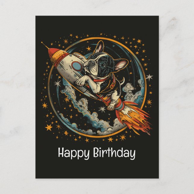 Carte Postale Joyeux Anniversaire Fusée Bateau Chien Bouledogue  (Devant)
