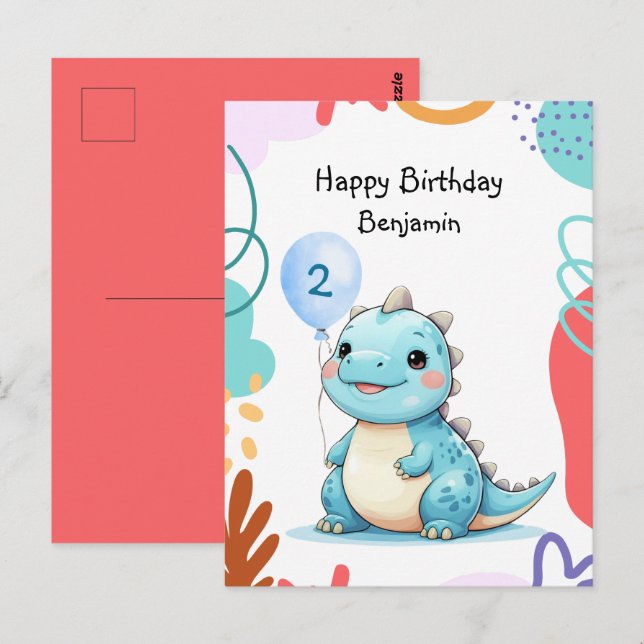Carte Postale Joyeux anniversaire garçon dinosaure mignon sauvag (Devant / Derrière)