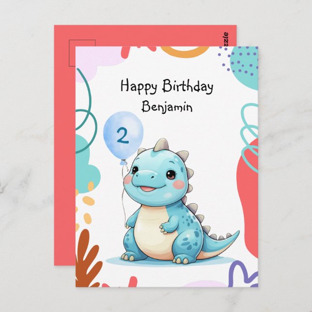 Carte Postale Joyeux anniversaire garçon sauvage Dinosaure migno (Devant / Derrière)