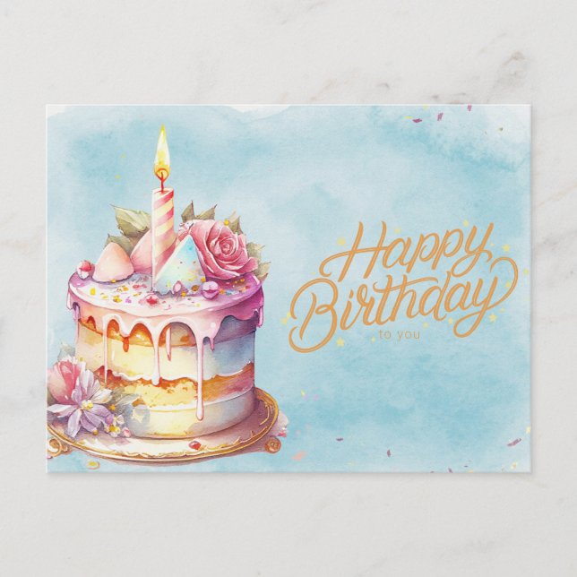 Carte Postale Joyeux Anniversaire Gâteau à l'aquarelle avec Fleu (Devant)
