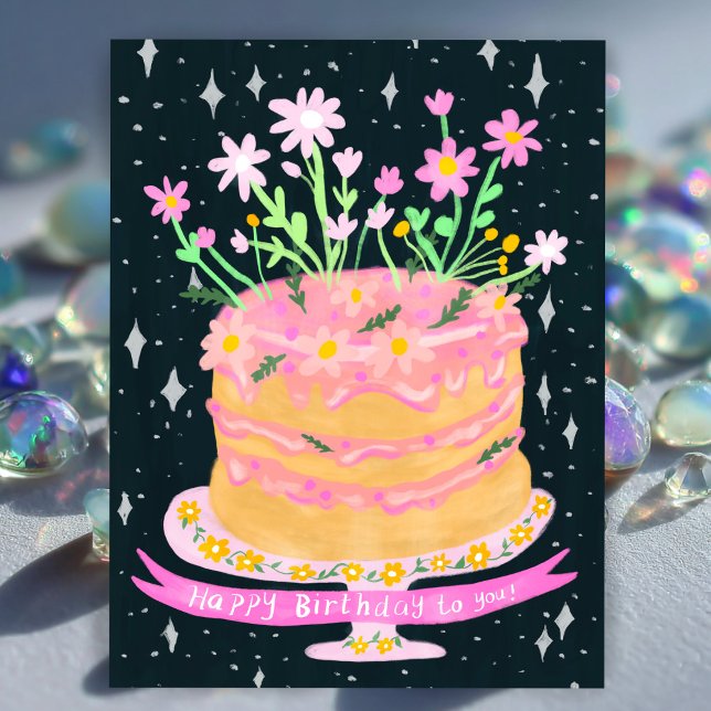 Carte Postale Joyeux Anniversaire Gâteau Amusant avec Gouache de (Happy Birthday Fun Cake with Pink Flowers Gouache Postcard
)
