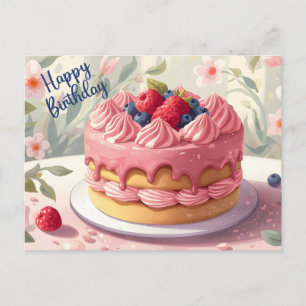 Carte Postale Joyeux Anniversaire Gâteau aux Fruits et Fleurs 