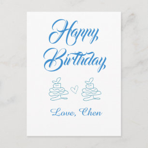 Carte Postale joyeux anniversaire gâteau bleu cœur nom amour pas