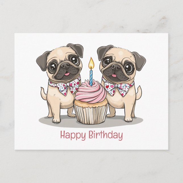 Carte Postale Joyeux Anniversaire Gâteau Cupcake Chiens Carlin (Devant)