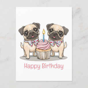 Carte Postale Joyeux Anniversaire Gâteau Cupcake Chiens Carlin