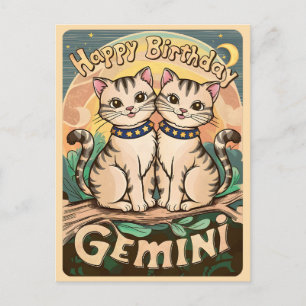 Carte Postale Joyeux anniversaire Gemini Zodiac Sign Cats