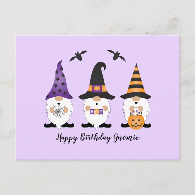 Carte Postale Joyeux anniversaire Gnomie Halloween violet orange (Devant)