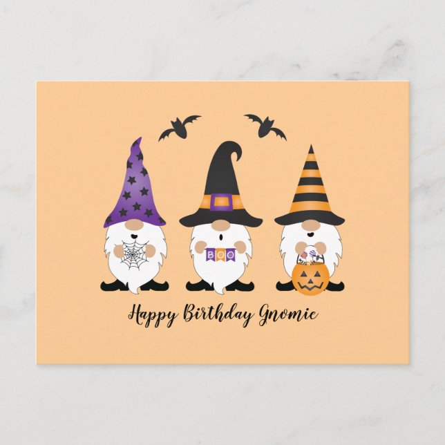 Carte Postale Joyeux anniversaire Gnomie Halloween violet orange (Devant)