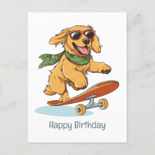 Carte Postale Joyeux anniversaire Golden Retriever Dog Skateboar