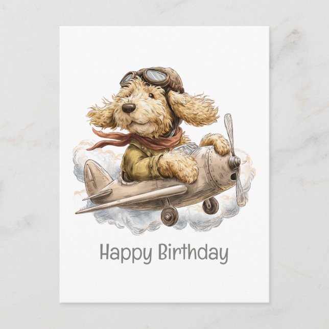Carte Postale Joyeux Anniversaire Goldendoodle Chien Pilote Avio (Devant)