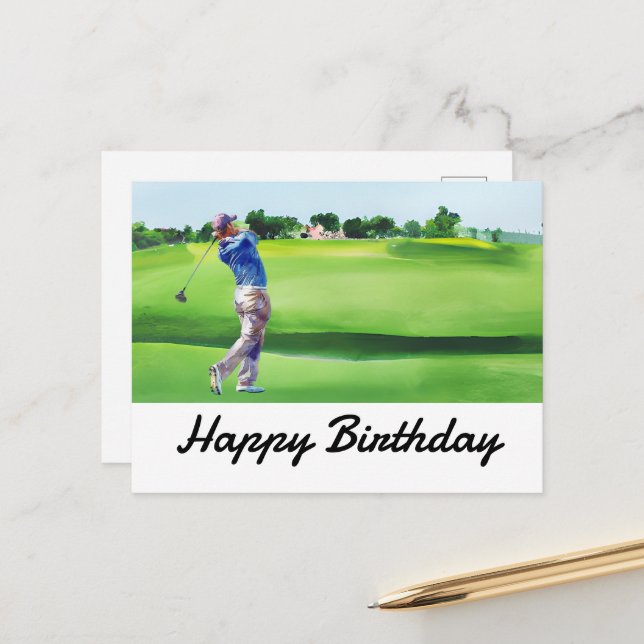 Carte Postale Joyeux anniversaire golfeur golf (Devant/Arrière en situation)