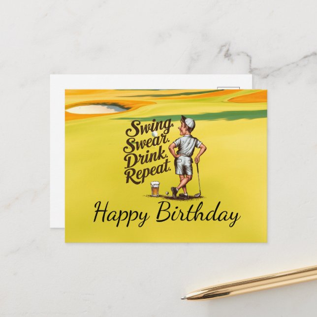 Carte Postale Joyeux Anniversaire Golfeur Golf (Devant/Arrière en situation)