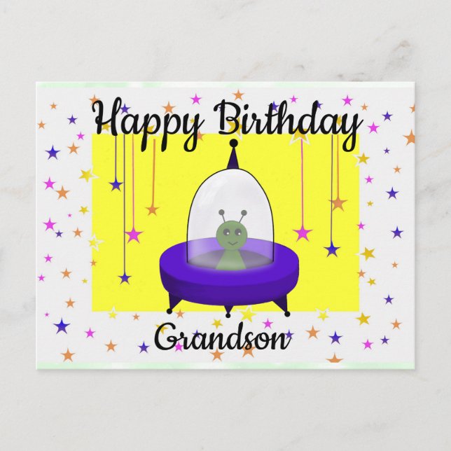Carte Postale Joyeux anniversaire, Grandson, Cute Space Alien (Devant)