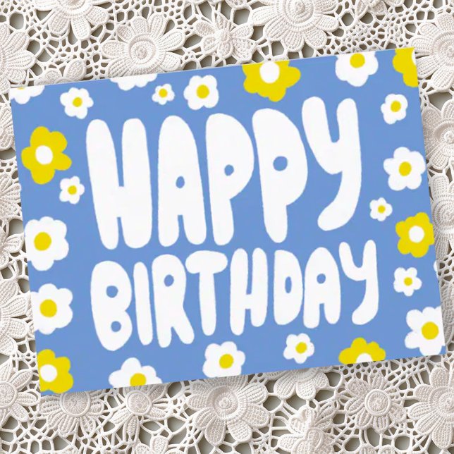 Carte Postale Joyeux Anniversaire Groovy Daisies PERSONNALISÉ An (Groovy daisy bubble letters happy birthday postcard)