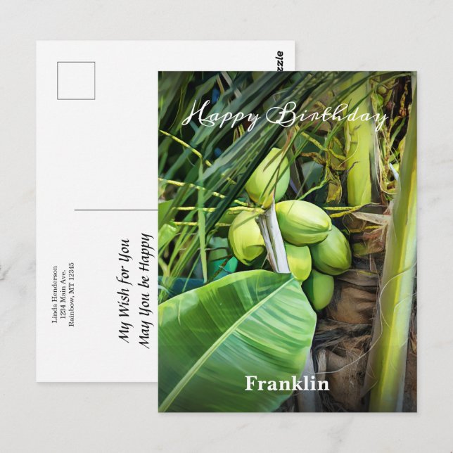 Carte Postale Joyeux Anniversaire Hommes Cocotiers Tropiques Per (Devant / Derrière)