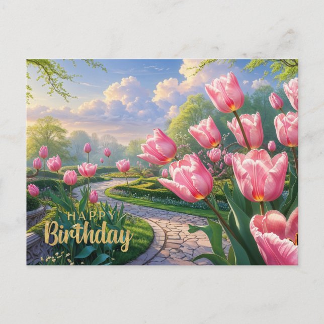 Carte Postale Joyeux Anniversaire Jardin de Tulipes Roses au Pri (Devant)