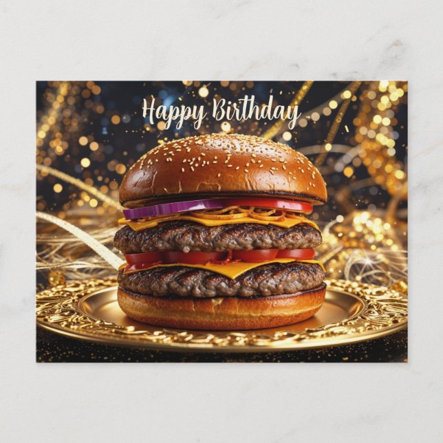 Carte Postale Joyeux Anniversaire Juicy Hamburger sur l'Assiette (Devant)