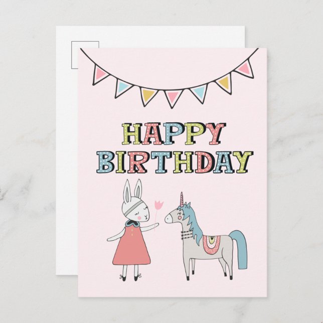 Carte Postale Joyeux Anniversaire Lapin et Licorne (Devant / Derrière)