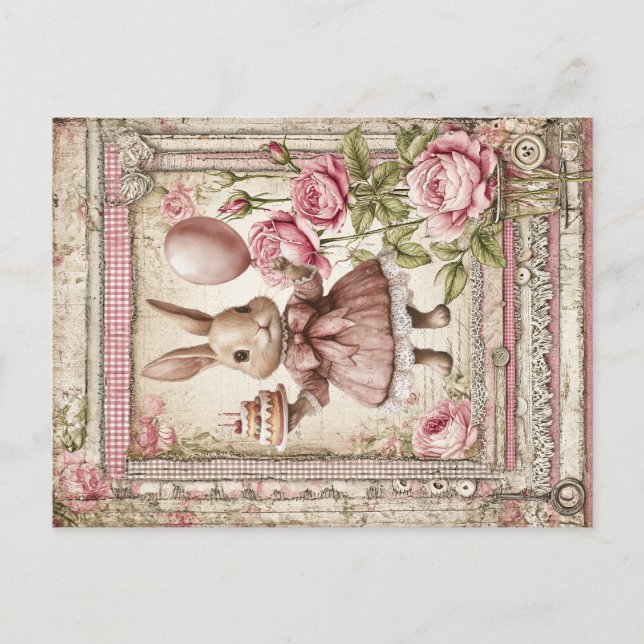 Carte Postale Joyeux anniversaire lapin rose mignon  (Devant)