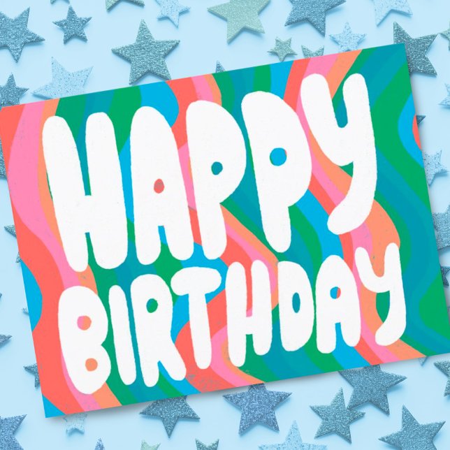 Carte Postale JOYEUX ANNIVERSAIRE Lettres Bulles Groovy PERSONNA (Colorful wavy stripes happy birthday postcard. Add your own text to the back side.)