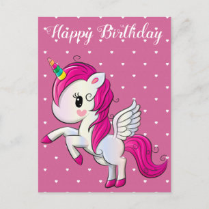 Carte Postale Joyeux anniversaire, licorne et cœurs, personnalis