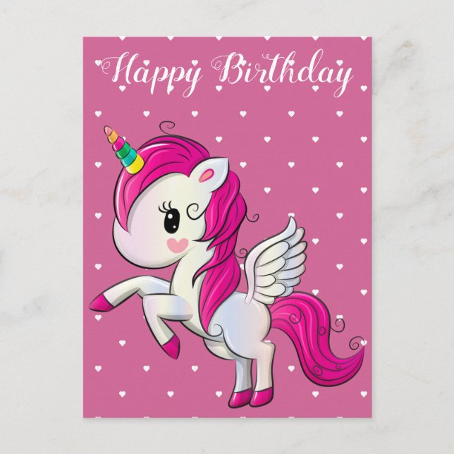 Carte Postale Joyeux anniversaire, licorne et cœurs, personnalis (Devant)