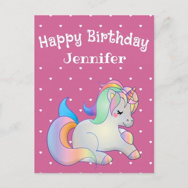 Carte Postale Joyeux anniversaire, licorne et coeurs rose girly (Devant)