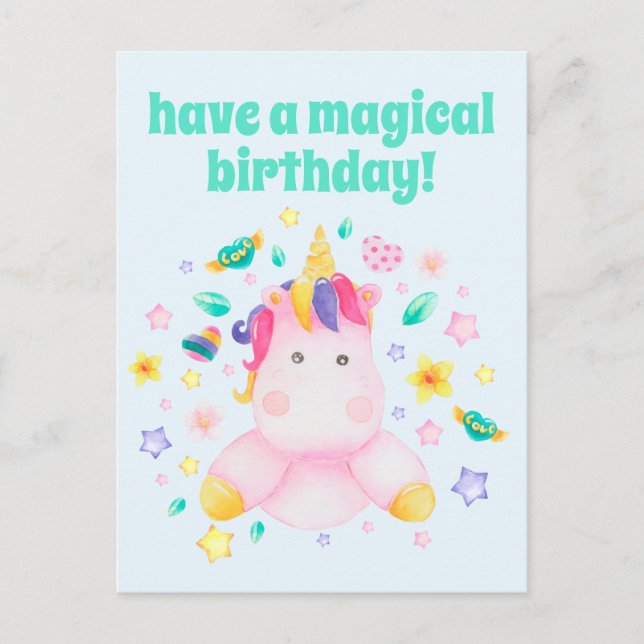 Carte Postale Joyeux Anniversaire Magique, Licorne Enfants Migno (Devant)
