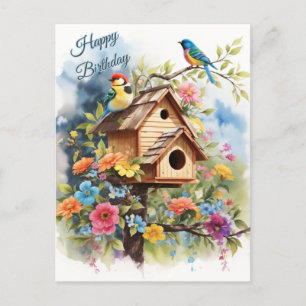 Carte Postale Joyeux Anniversaire Maison d'oiseau Florale et Ois