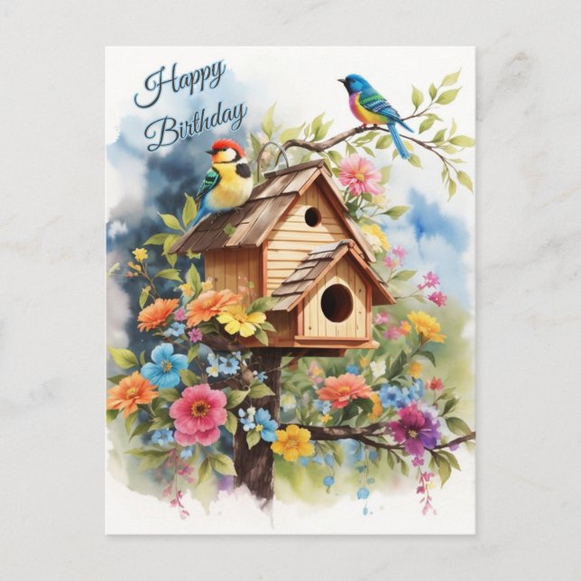 Carte Postale Joyeux Anniversaire Maison d'oiseau Florale et Ois (Devant)