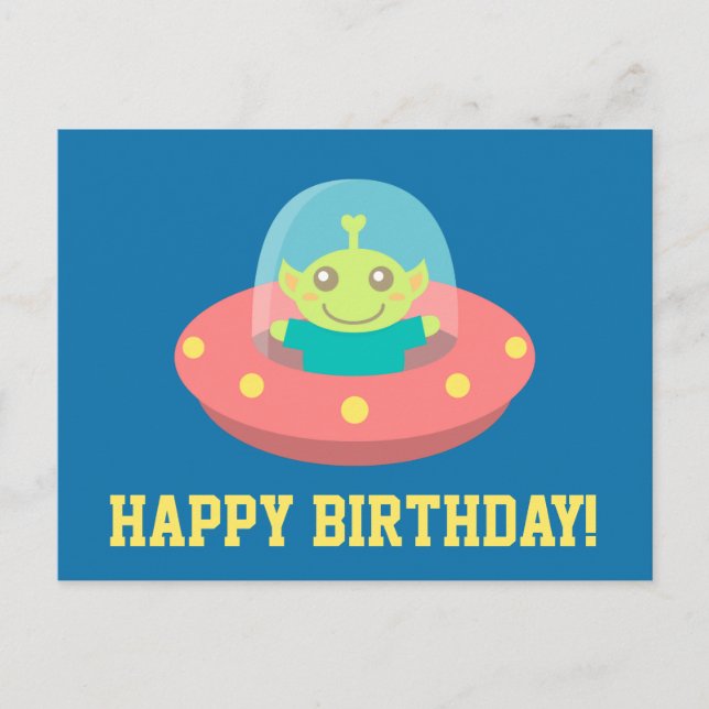 Carte Postale Joyeux anniversaire, mignon Alien dans Spacecraft (Devant)